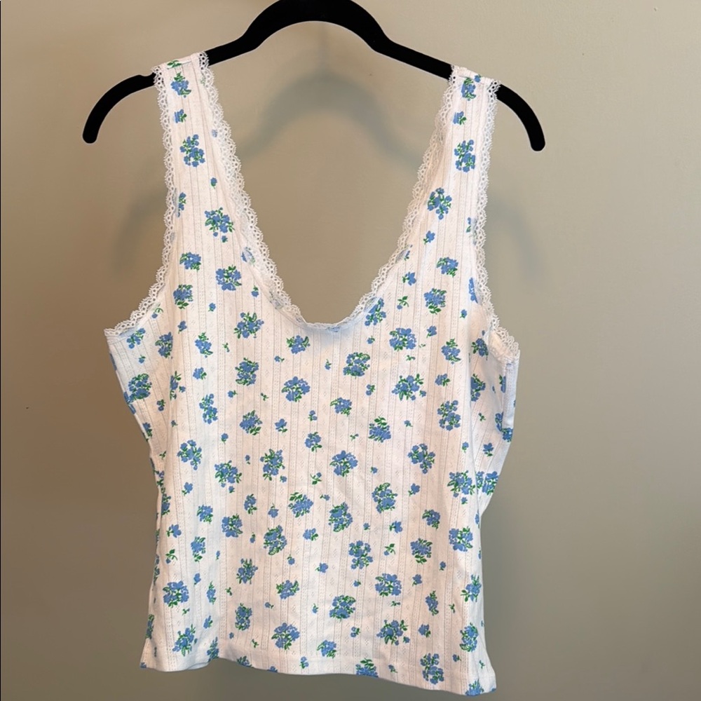NWT Monki White Camisole with Blue Floral Print, Lace Trim - Size XL